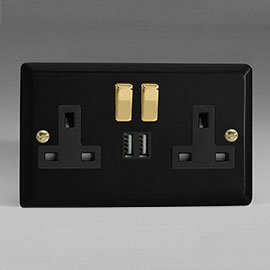 Revive Twin Plug Socket with USB - Matt Black/Brass Medium Image
