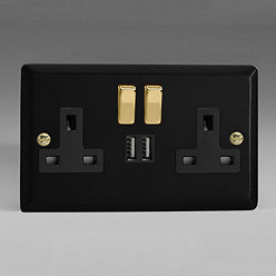 Revive Twin Plug Socket with USB - Matt Black/Brass Large Image