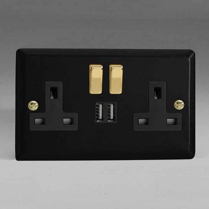 Revive Twin Plug Socket with USB - Matt Black/Brass Large Image