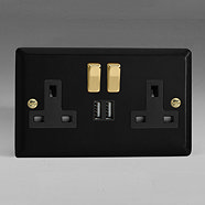 Revive Twin Plug Socket With USB Matt Black Brass RV2USBMB