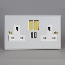Revive Twin Plug Socket with USB - Matt White/Brass Medium Image