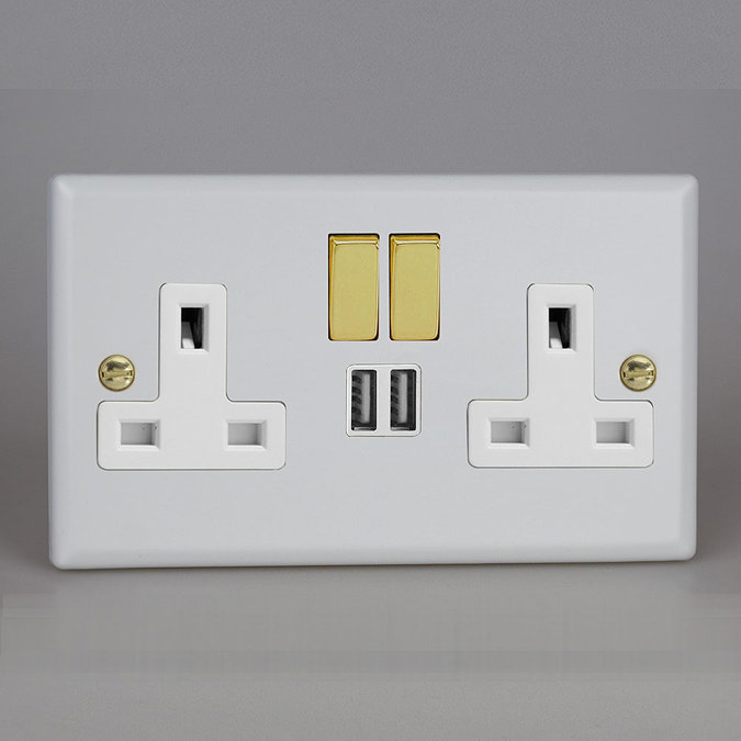 Revive Twin Plug Socket with USB - Matt White/Brass Large Image