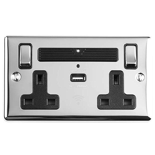 Revive Twin Plug Socket with USB Outlet & WIFI Extender - Polished Chrome Large Image