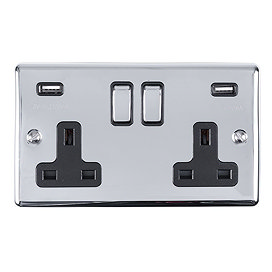 Revive Twin Plug Socket with USB Polished Chrome/BlacK Large Image