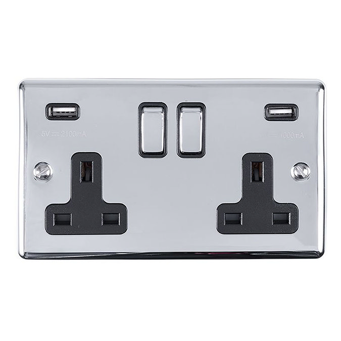 Revive Twin Plug Socket with USB Polished Chrome/BlacK Large Image