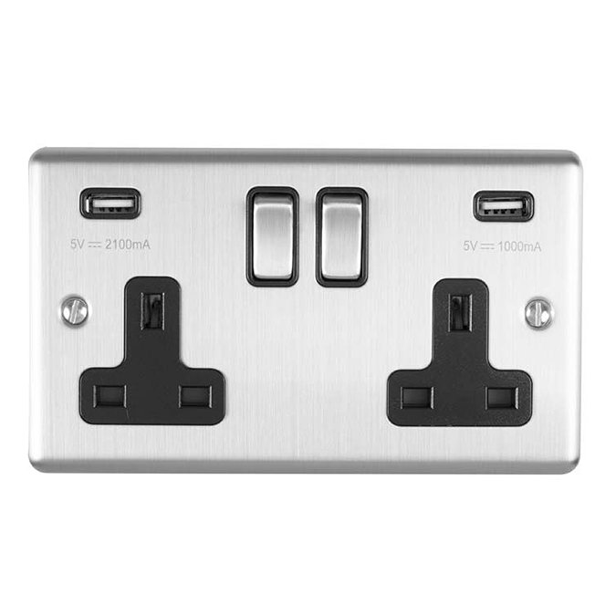 Revive Twin Plug Socket with USB Satin Steel/Black Large Image