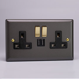 Revive Twin Plug Socket with USB - Slate/Brass Medium Image