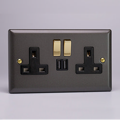 Revive Twin Plug Socket with USB - Slate/Brass Large Image