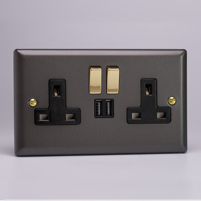 Revive Twin Plug Socket with USB - Slate/Brass Large Image