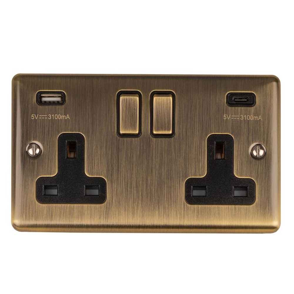 Revive Twin Plug Socket with USB Type A & C - Antique Brass / Black Trim