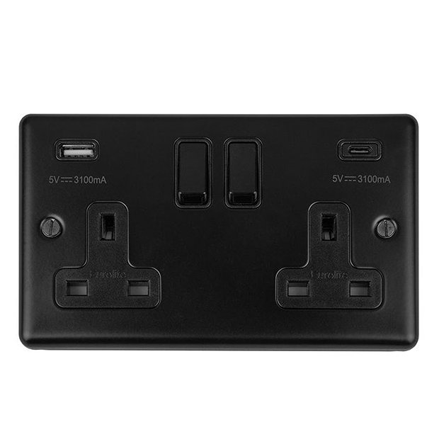 Revive Twin Plug Socket with USB Type A & C Matt Black / Black Trim