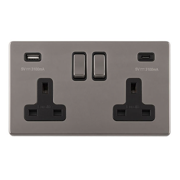 Revive Twin Plug Socket with USB Type A & C Black Nickel / Black Trim