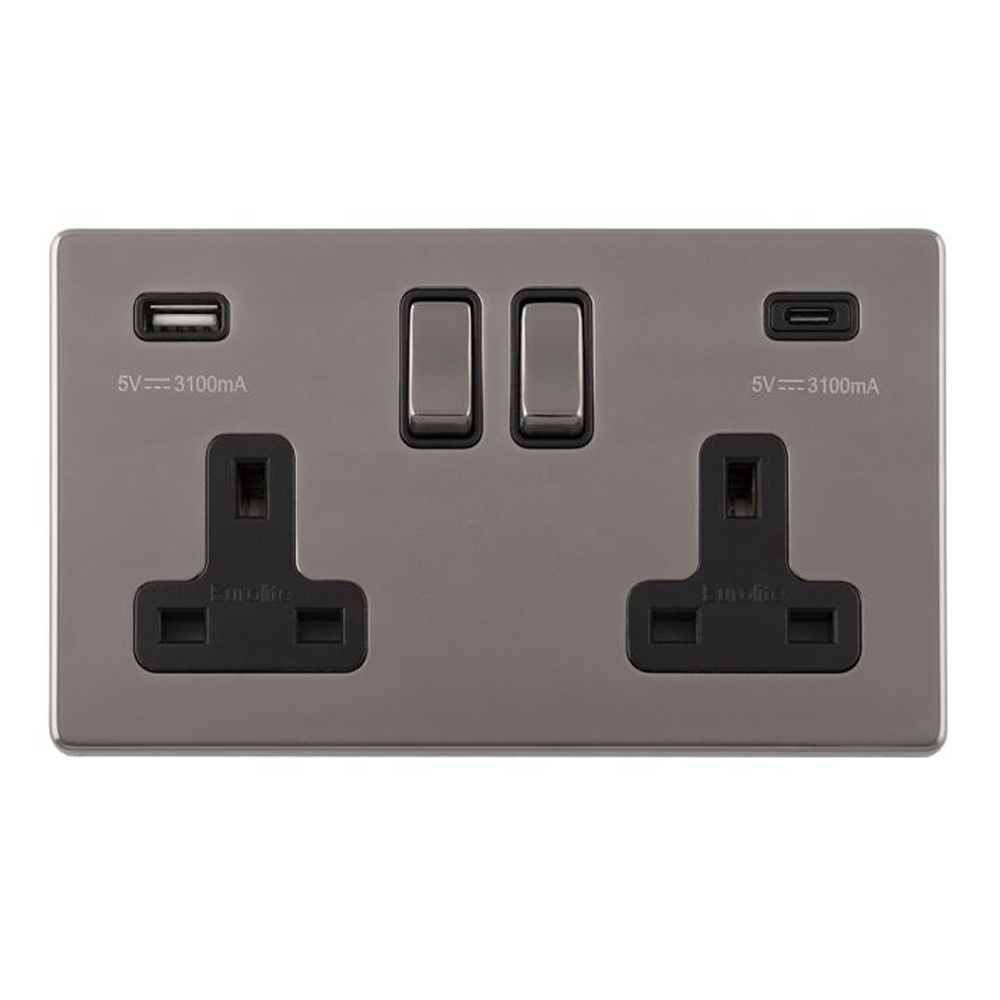 Revive Twin Plug Socket with USB Type A & C Black Trim Victorian