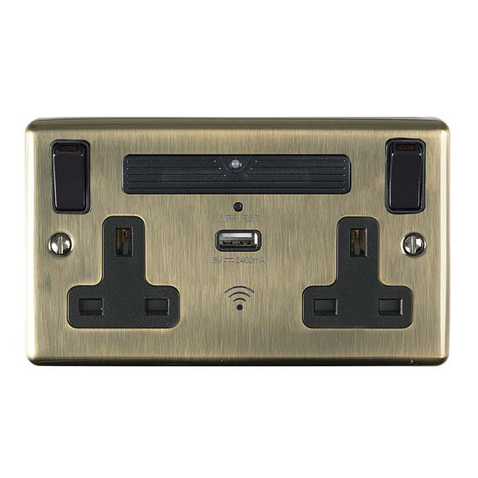 Revive Twin Plug Socket with USB & WiFi Extender Antique Brass/Black Large Image