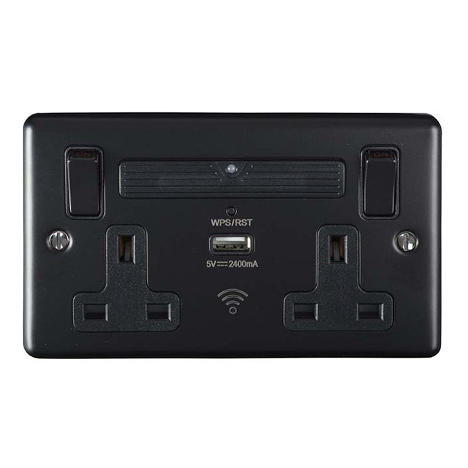 Revive Twin Plug Socket with USB & WiFi Extender Matt Black Large Image