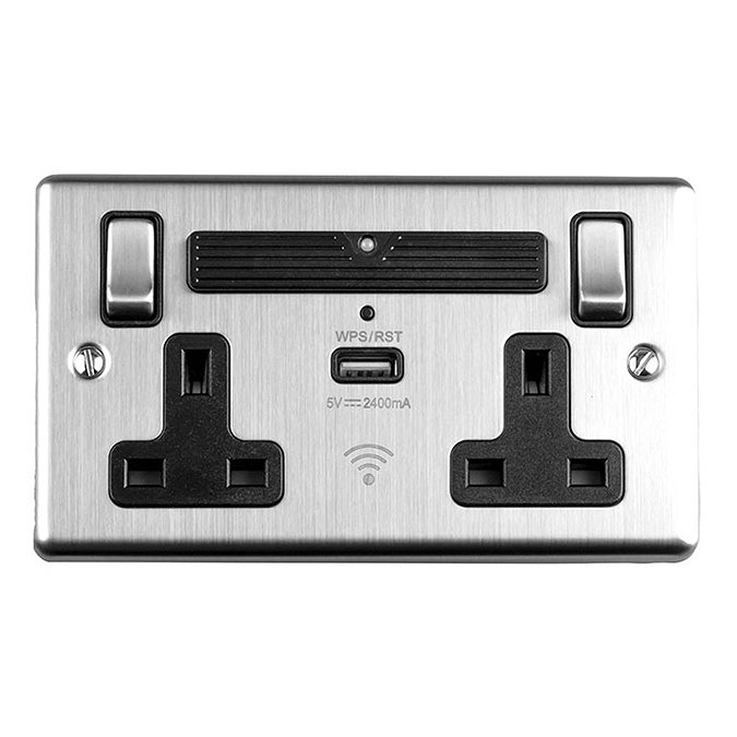 Revive Twin Plug Socket with USB & WiFi Extender Satin Steel/Black Large Image