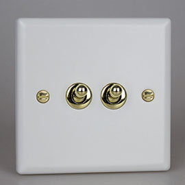 Revive Twin Toggle Light Switch - Matt White/Brass Medium Image