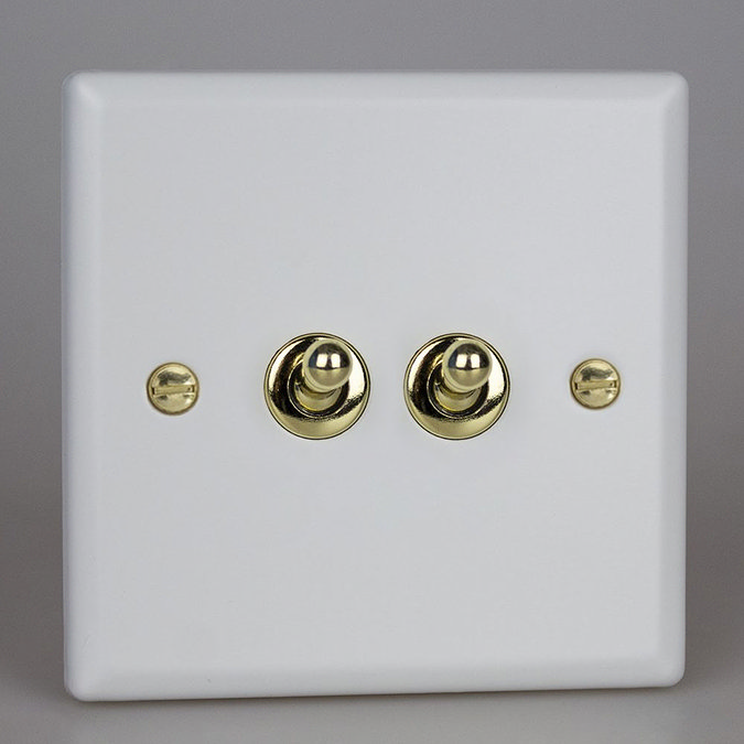 Revive Twin Toggle Light Switch - Matt White/Brass Large Image