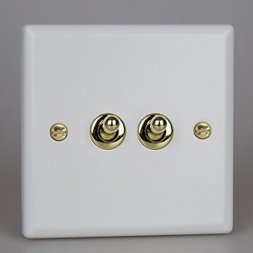 Revive Twin Toggle Light Switch - Matt White/Brass Large Image