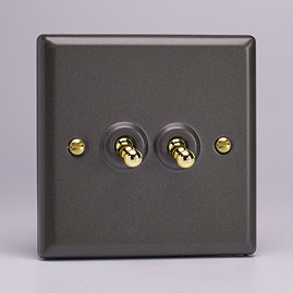 Revive Twin Toggle Light Switch - Slate Grey/Brass Large Image
