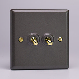 Revive Twin Toggle Light Switch - Slate Grey/Brass Large Image