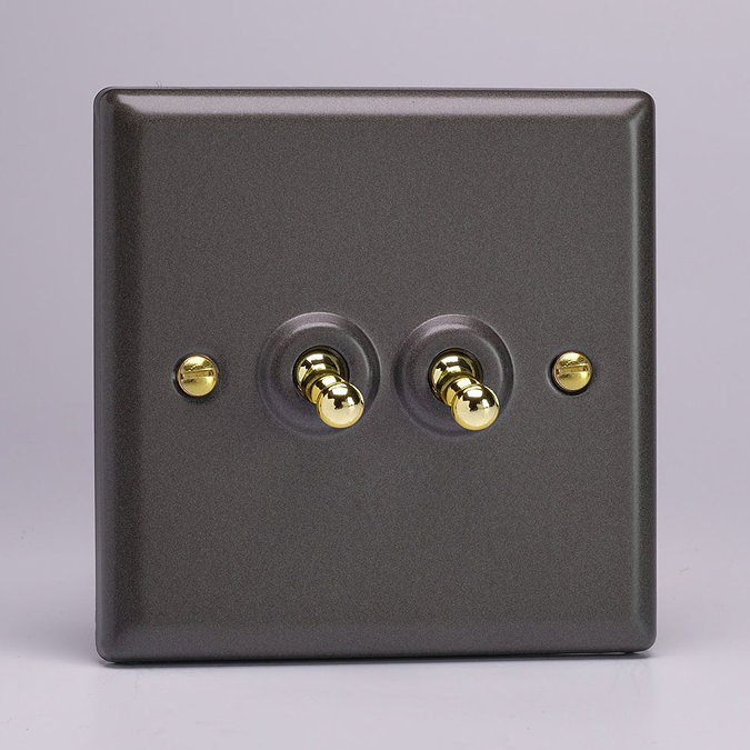 Revive Twin Toggle Light Switch - Slate Grey/Brass Large Image