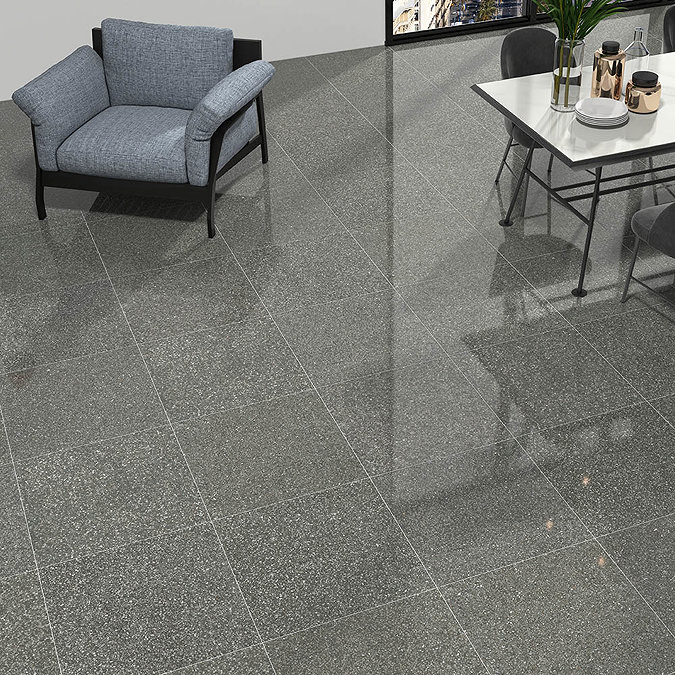 Rivara Grey Terrazzo Effect Floor Tiles - 608 x 608mm Large Image