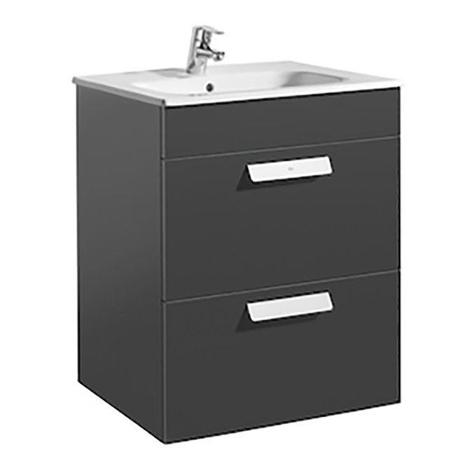 Roca Debba 600m 2-Drawer Wall Hung Vanity Unit with Square Basin - Gloss Anthracite Grey Large Image