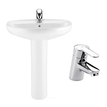 Roca Laura 560mm 1TH Basin with Full Pedestal + Victoria Basin Tap Pack  Profile Large Image