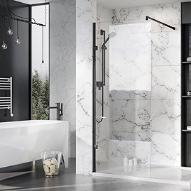 Roman Liberty Black Clear Glass Wetroom Screen + Wall Arm Support (2000mm High)