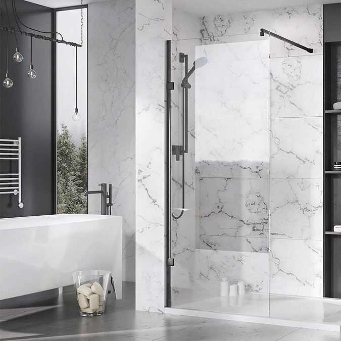 Roman Liberty Black Clear Glass Wetroom Screen + Wall Arm Support - Various Sizes (2000mm High) Larg