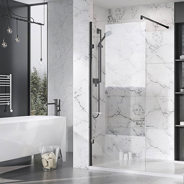 Roman Liberty Black Clear Glass Wetroom Screen + Wall Arm Support - Various Sizes (2000mm High)  Pro