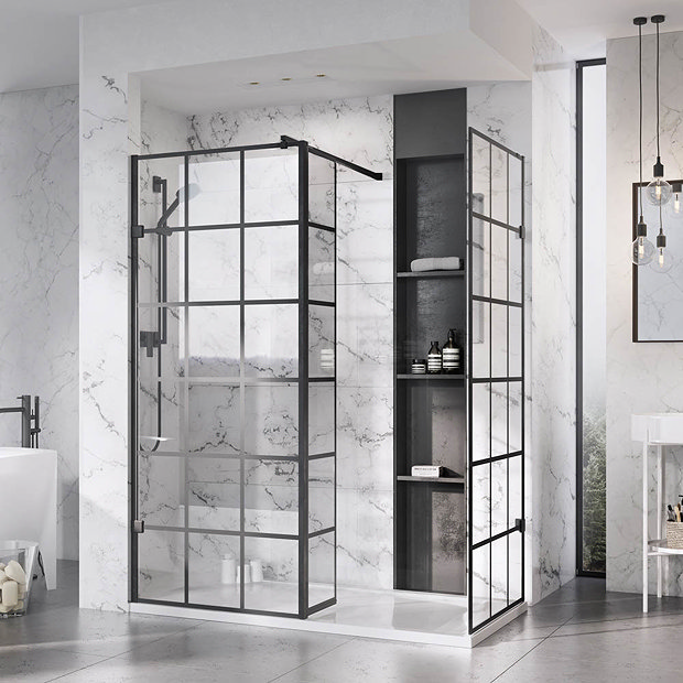 Roman Liberty Black Grid Wetroom Screen + Wall Arm Support - Various Sizes (2000mm High)  Feature La