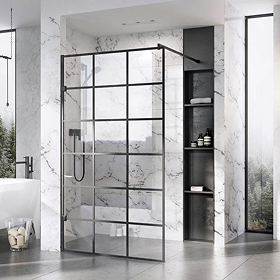 Roman Liberty Black Grid Wetroom Screen + Wall Arm Support - Various Sizes (2000mm High)
