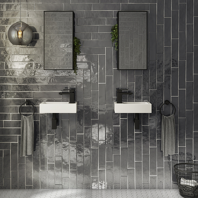 Rondo Double Wall Hung Basin Package with Matt Black Square Taps + Bottle Traps Large Image