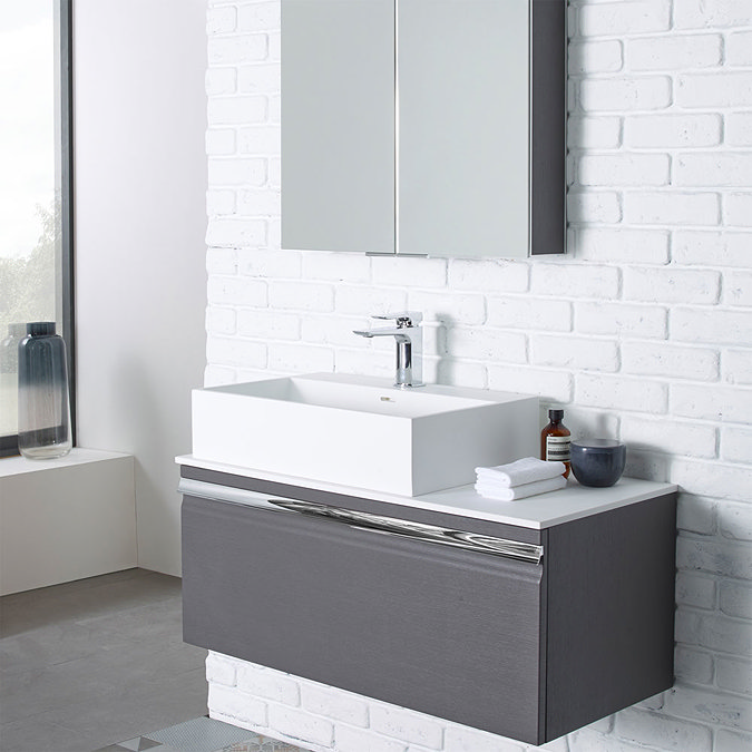 Roper Rhodes Pursuit 900mm Wall Mounted Unit with Solid Surface Worktop - Gloss Light Grey Standard