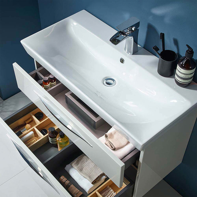 Roper Rhodes Scheme 1000mm Wall Mounted Double Drawer Unit with Ceramic Basin - Gloss Dark Clay Sta