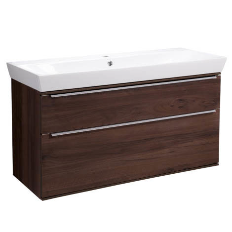 Roper Rhodes Scheme 1000mm Wall Mounted Double Drawer Unit with Ceramic Basin - Smoked Walnut Large 