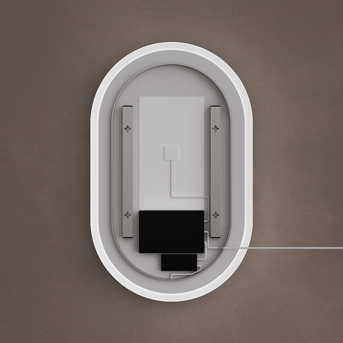 Back image of the Roxbury Illuminated Capsule Mirror showing the wall mounts and electrical components.
