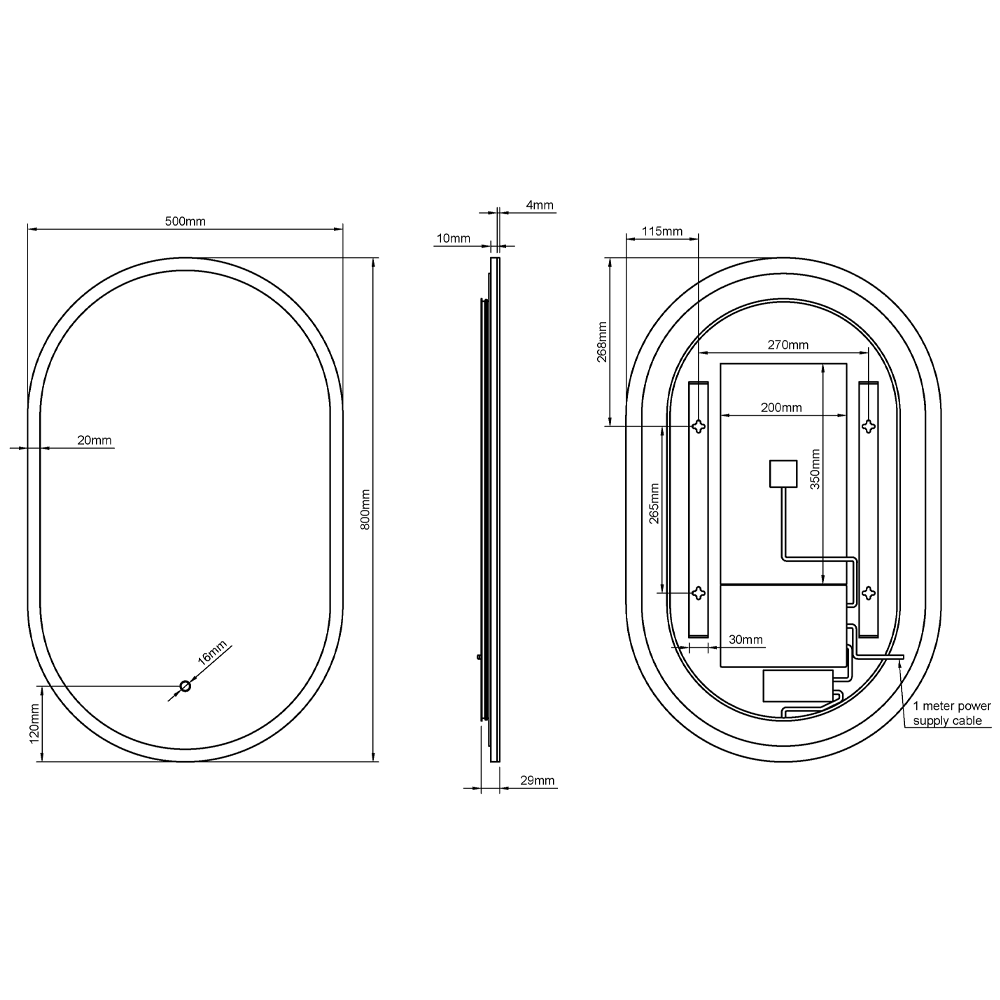Dimensions image for the Roxbury Illuminated Capsule Mirror, showing the specific measurements for each component.