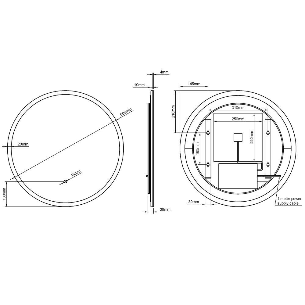 Dimensions image for the Roxbury Illuminated Round Mirror, showing the specific measurements for each component.