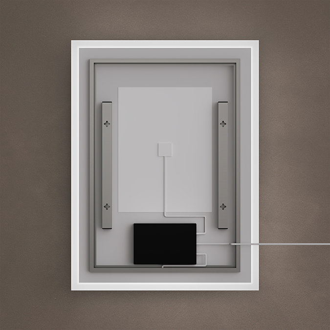 Back image of the Roxbury 600 x 800mm Illuminated Rectangular Mirror showing the mounts and electrical components.
