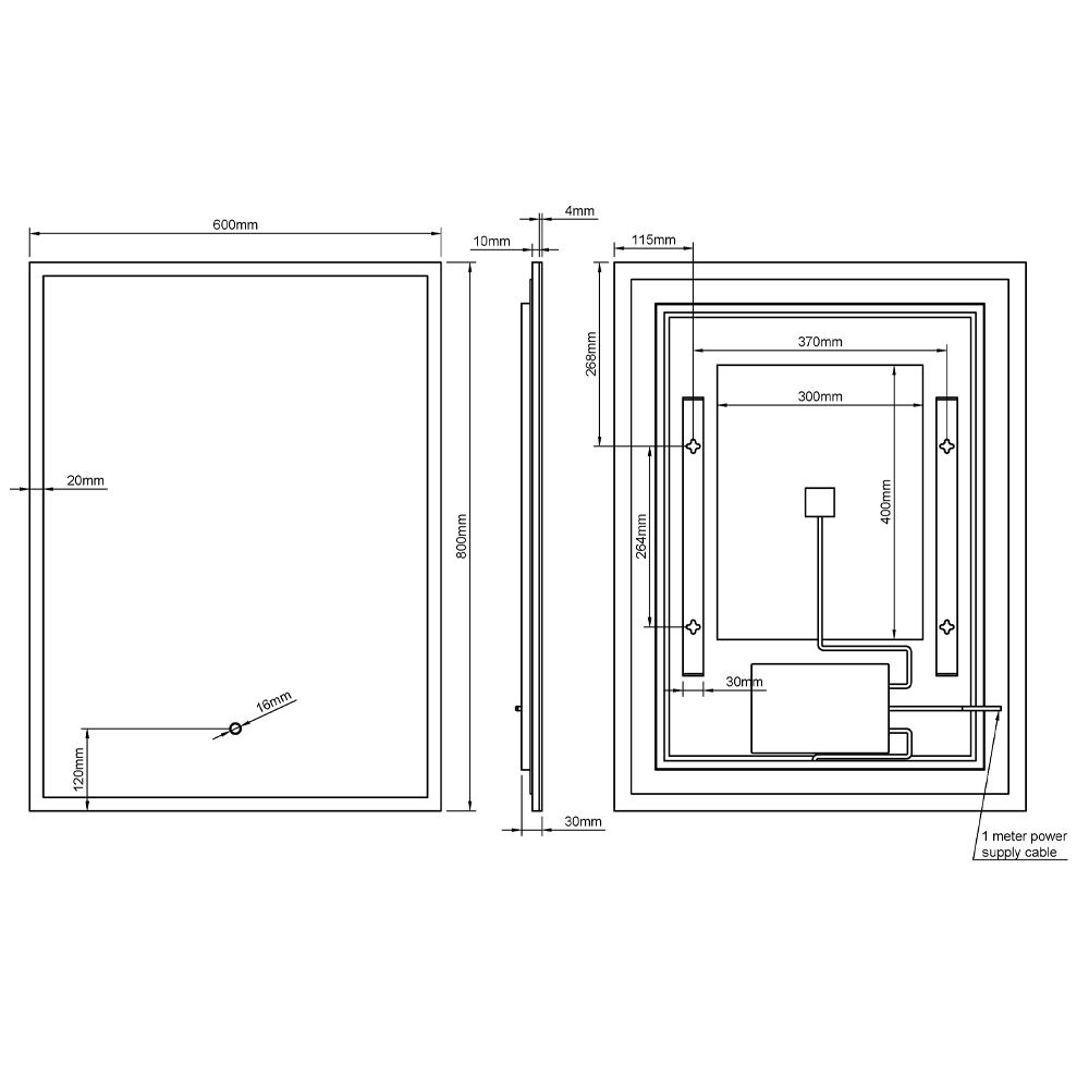 Dimensions image for the Roxbury 600 x 800mm Illuminated Rectangular Mirror, showing the specific measurements for each component.