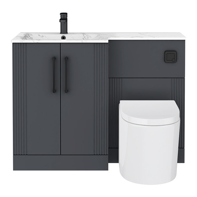 Roxbury Deco Fluted 1100mm Anthracite Combination Unit with Carrera Marble Basin - Black Handles & Flush, Round Pan