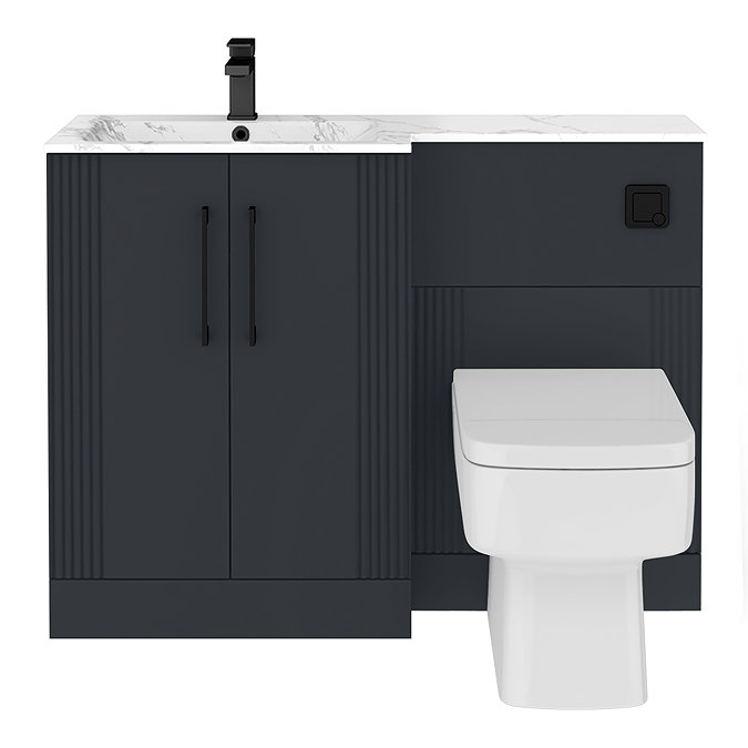 Roxbury Deco Fluted 1100mm Anthracite Combination Unit with Carrera Marble Basin - Black Handles & Flush, Square Pan