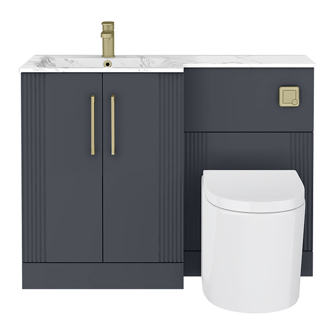 Roxbury Deco Fluted 1100mm Anthracite Combination Unit with Carrera Marble Basin - Brushed Brass Handles & Flush, Round Pan