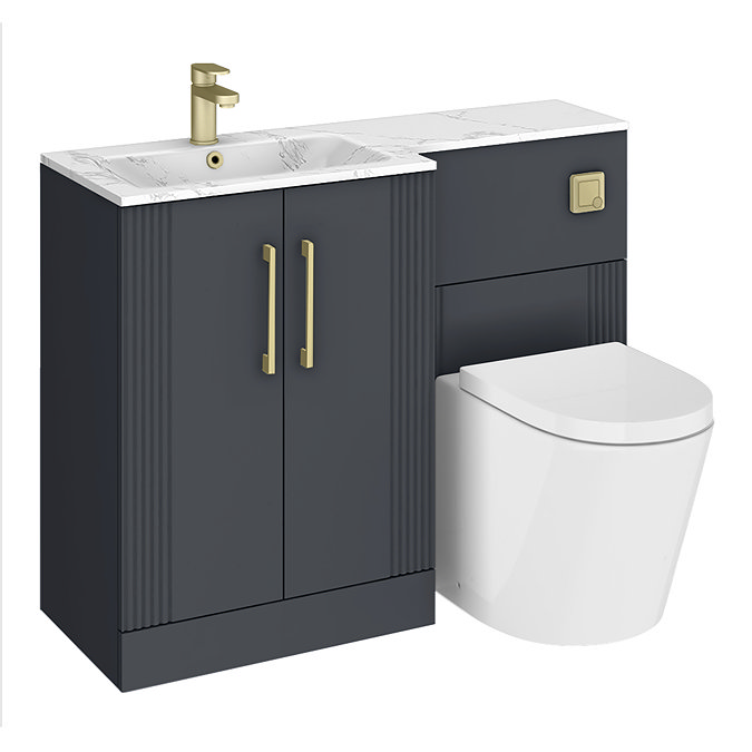 Roxbury Deco Fluted 1100mm Anthracite Combination Unit with Carrera Marble Basin - Brushed Brass Handles & Flush, Round Pan