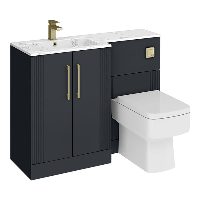 Roxbury Deco Fluted 1100mm Anthracite Combination Unit with Carrera Marble Basin - Brushed Brass Handles & Flush, Square Pan