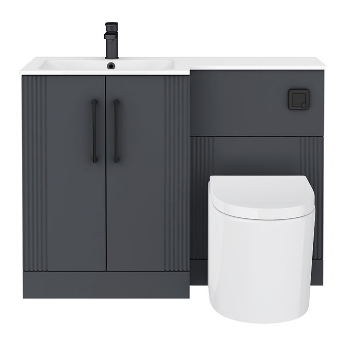 Roxbury Deco Fluted 1100mm Anthracite Combination Unit with Matt White Stone Basin - Black Handles & Flush, Round Pan
