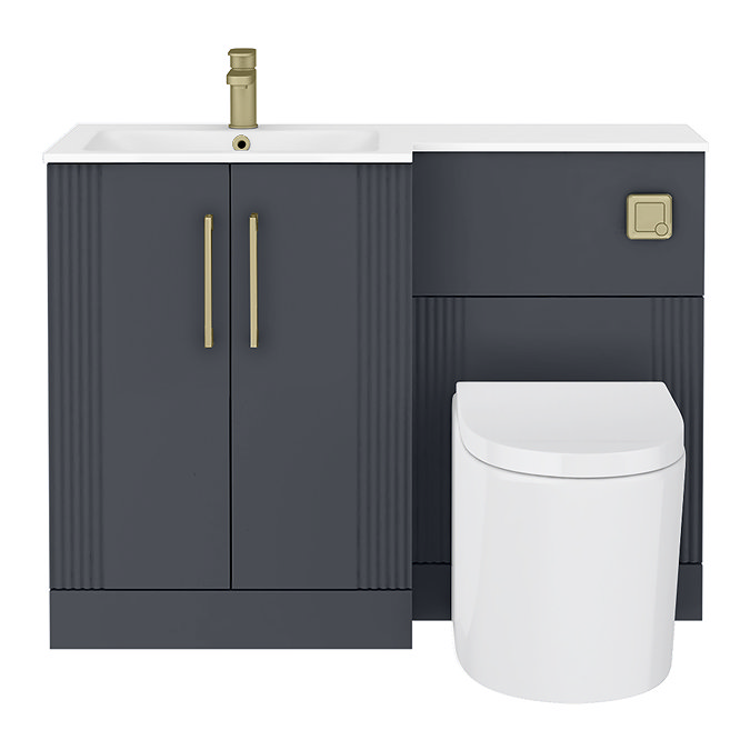 Roxbury Deco Fluted 1100mm Anthracite Combination Unit with White Stone Basin - Brushed Brass Handles & Flush, Round Pan